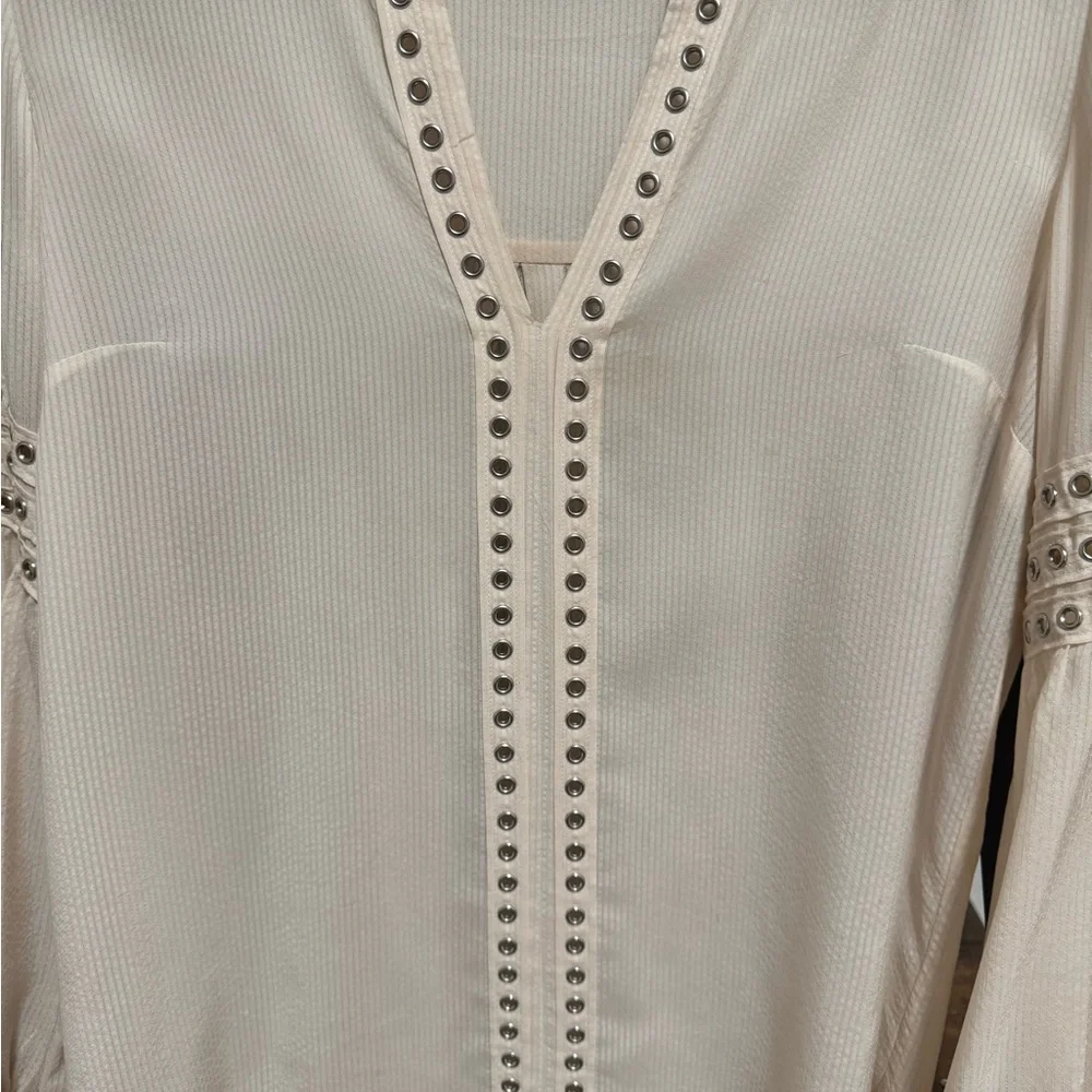 Veronica Beard Silk Blouse Cream Studded Trim Long Sleeve Boho Top - Picture 4 of 11